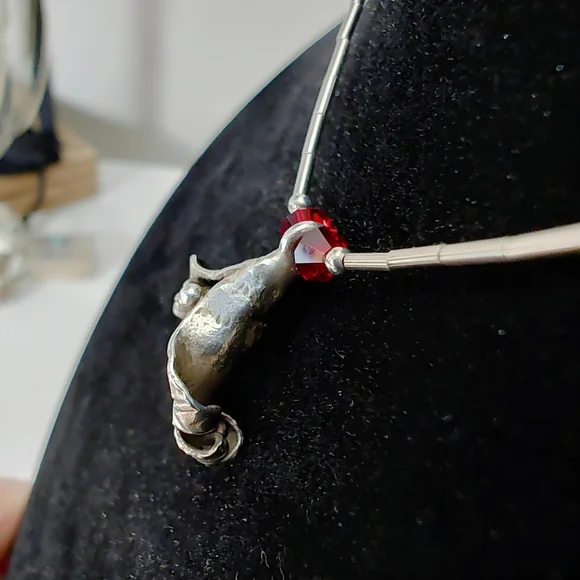 Southwestern Sterling Squash Blossom Liquid Silver Red Crystal Bead Necklace 16" - Picture 8 of 14